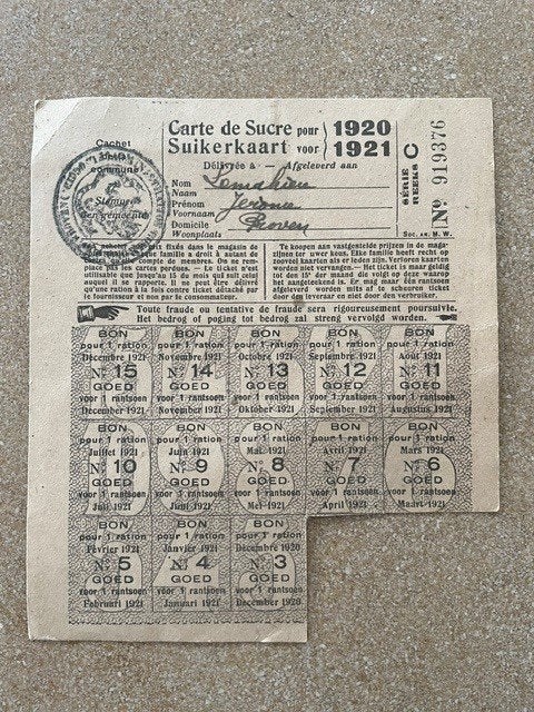 CARTE À SUCRE/CARTE DE SUCRE1920-1921 Lemahieu Jerome Proven, Enlèvement ou Envoi, 1920 à 1940, Affranchie, Politique et Histoire