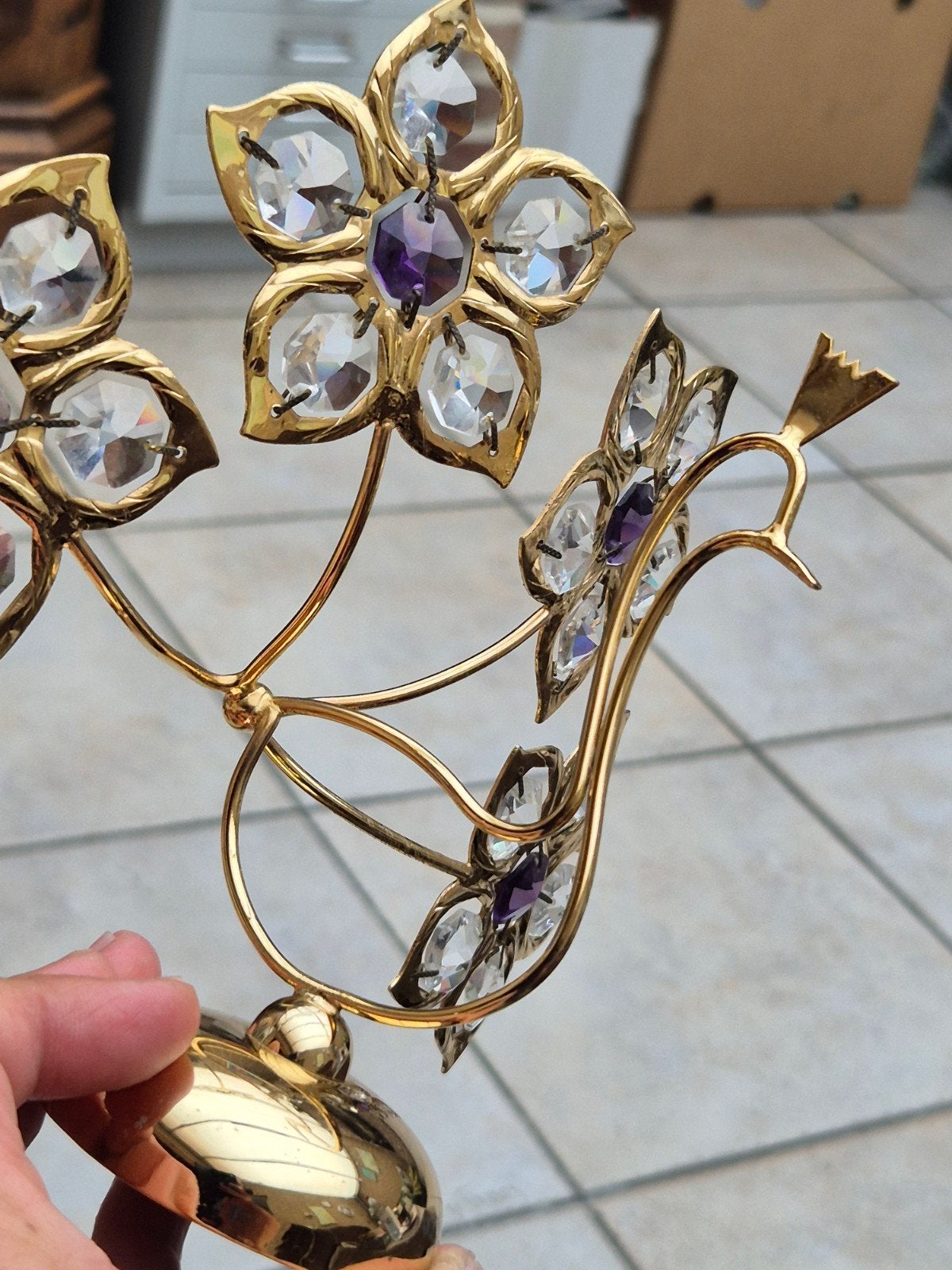 Vintage goudplated decoratie beeld pauw met crystals, Ophalen of Verzenden
