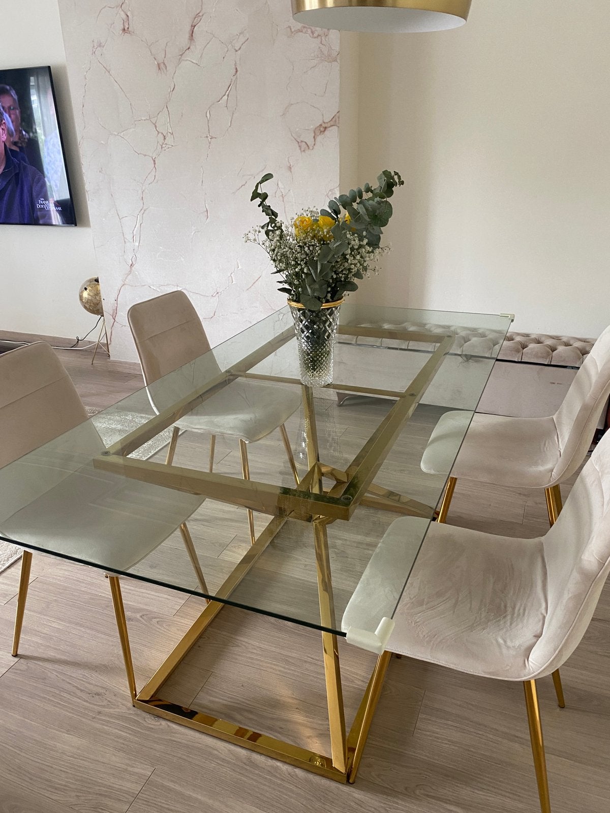 Ensemble de luxe complettable à manger de 180 cm + 4 chaises, Maison & Meubles, Enlèvement, Comme neuf, Verre