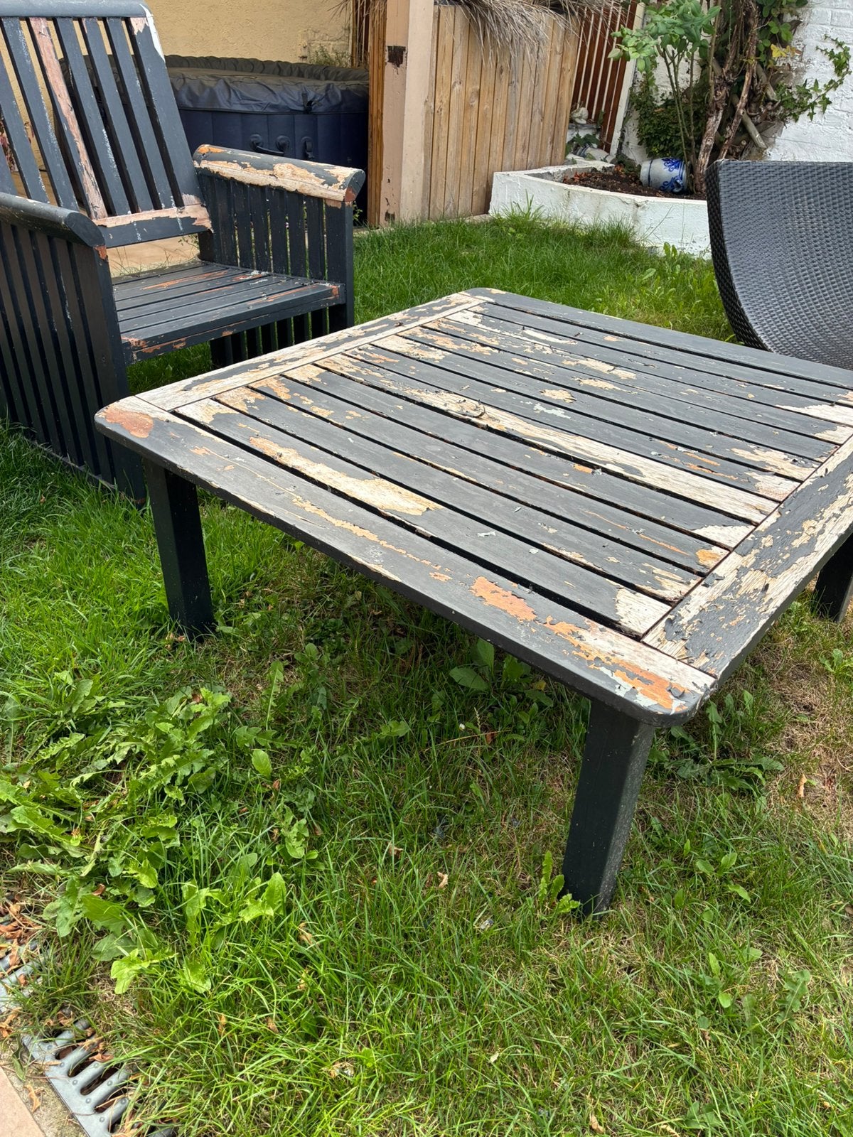 4 houten tuinzetels en tafel, Tuin en Terras, Ophalen, 4 zitplaatsen, Gebruikt, Loungeset