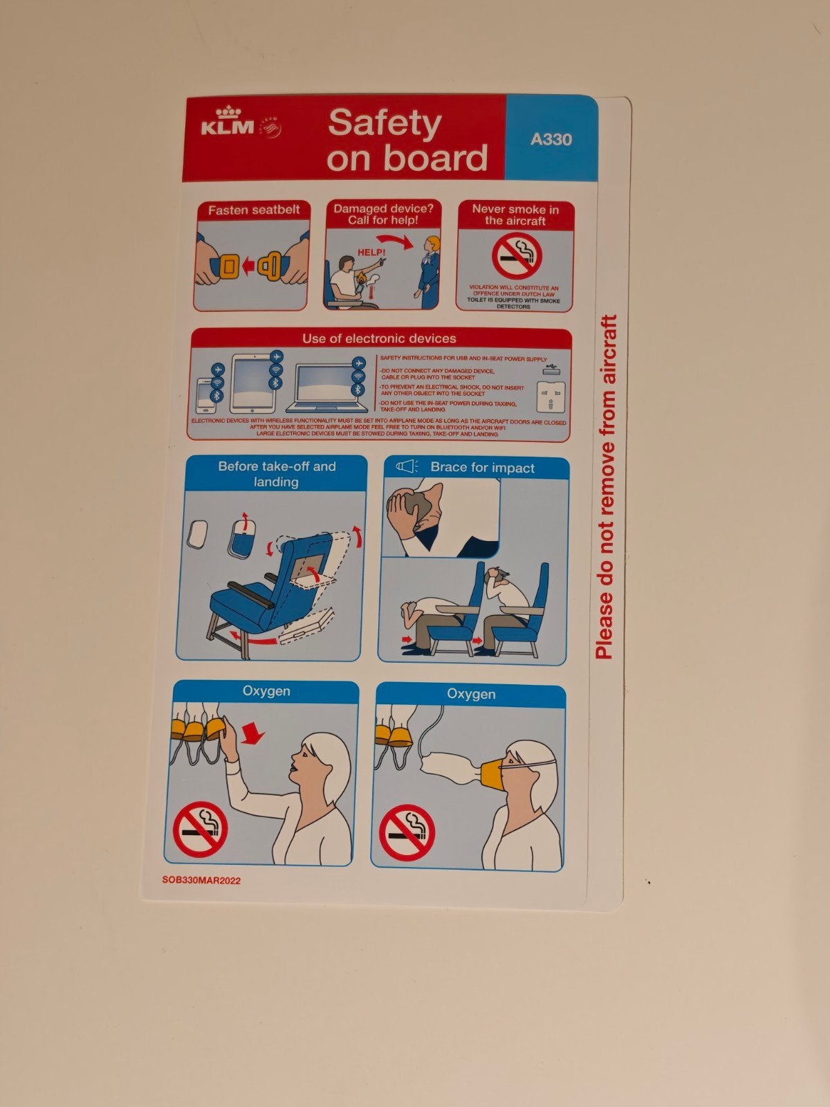 KLM Airbus A330 Safety Card (March 2022 - SOB330MAR2022), Verzamelen, Ophalen of Verzenden, Nieuw, Kaart, Foto of Prent