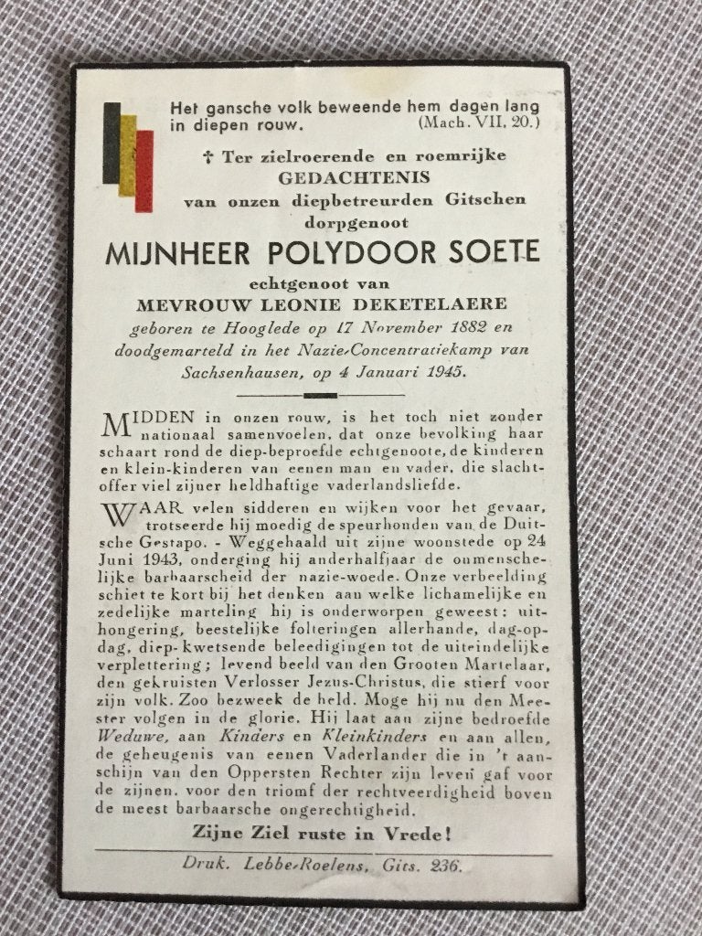 Victime de guerre P.Soete Hooglede + camp de concentration, Envoi, Image pieuse