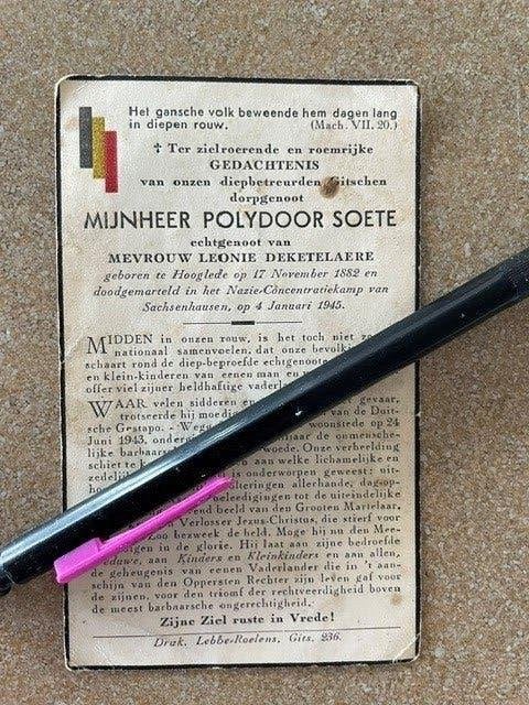 40-45 Politiek Gevangene Hooglede Soete doodgemarteld 1/1945, Verzamelen, Ophalen of Verzenden, Bidprentje