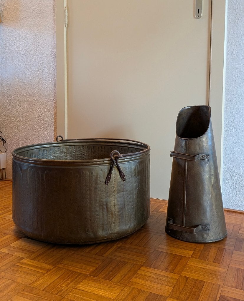 Koperen openhaard accessoires(houtbak, kolenkit, vuurschaal), Antiek en Kunst, Ophalen, Koper