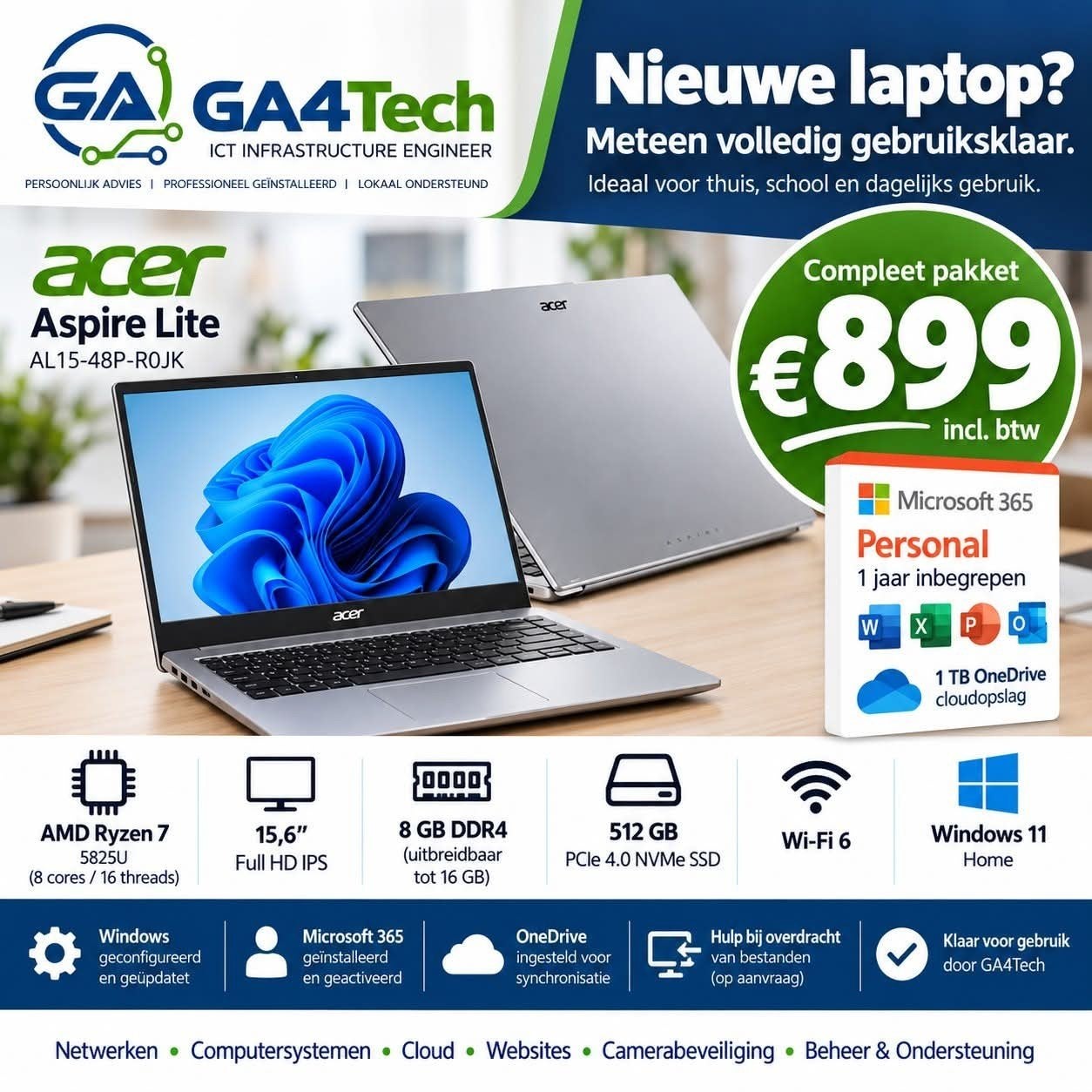 Nieuwe Acer Aspire Lite Ryzen 7 – compleet pakket, Computers en Software, Ophalen, 15 inch, 8 GB, Nieuw