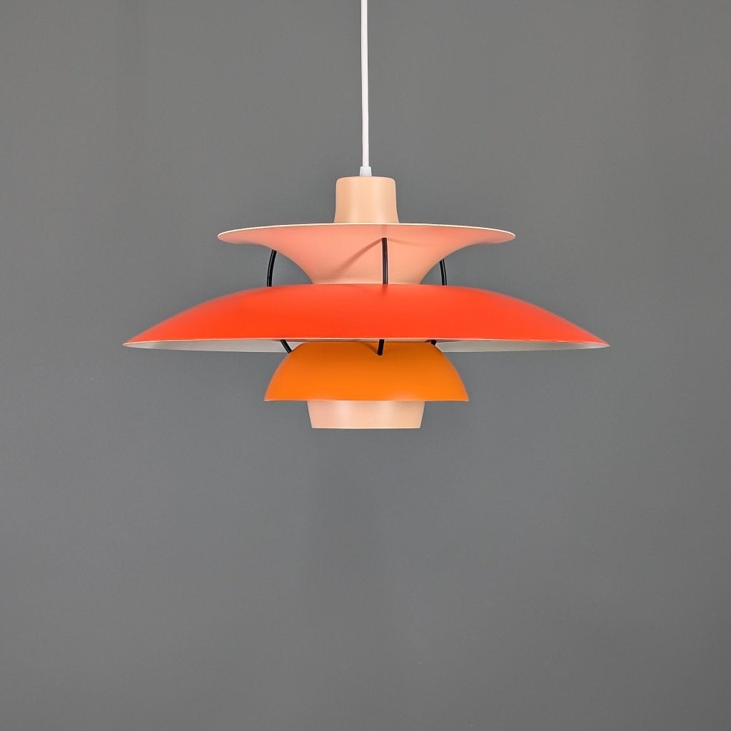 Louis Poulsen PH 5 vintage Deense hanglamp – oranje – Ø50 cm, Huis en Inrichting, Scandinavisch design, Zo goed als nieuw, Overige materialen