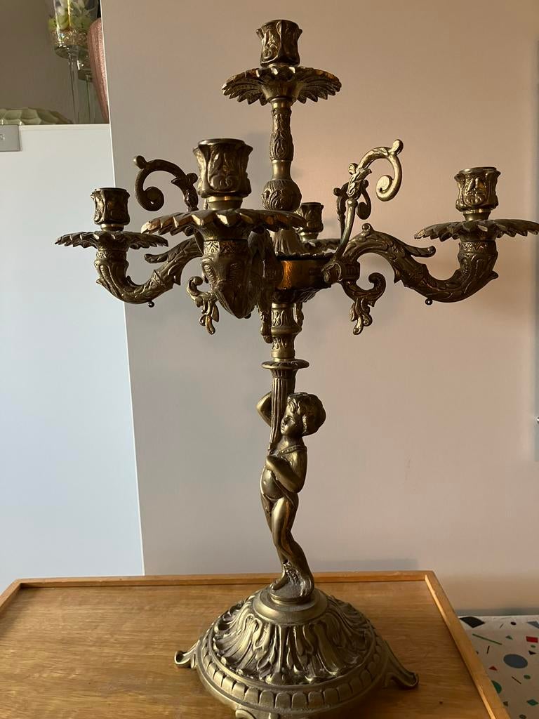 Antieke bronzen kandelaar met cherubijn, 5 armig, Ophalen