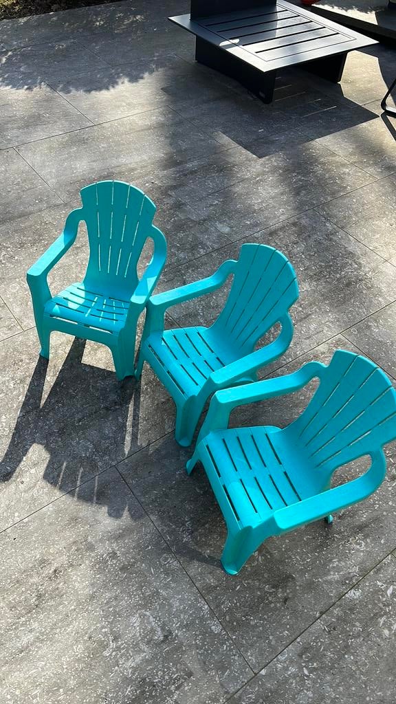 3 kinder tuinstoelen turquoise, Tuin en Terras, Ophalen, Zo goed als nieuw, Stapelbaar