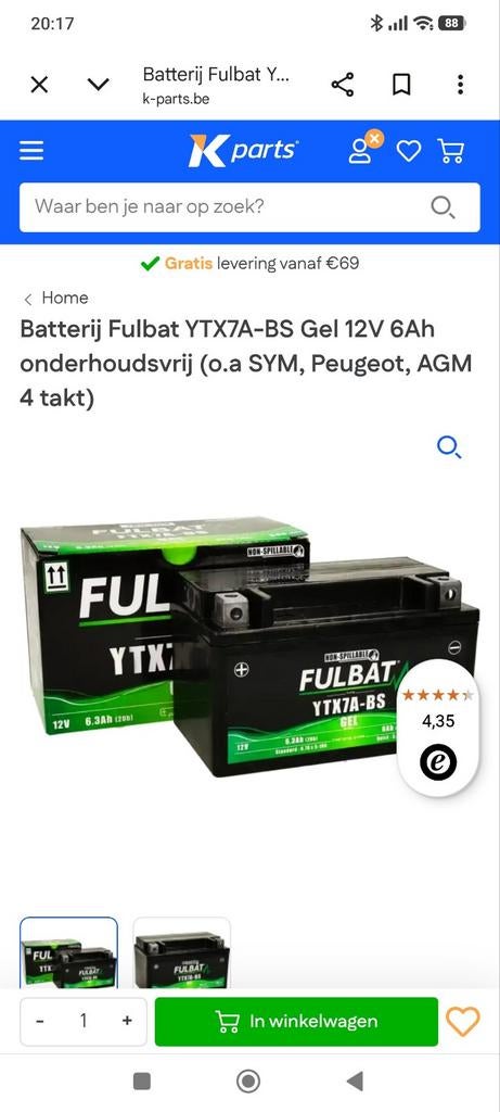 Batterij Fulbat YTX7A-BS Gel 12V 6Ah onderhoudsvrij (o.a SYM, Ophalen of Verzenden