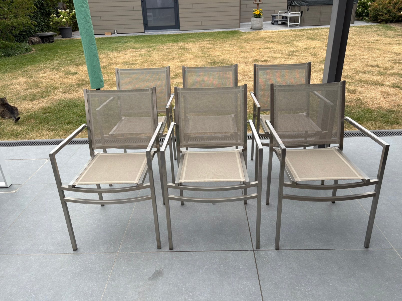 6 stapelbare tuinstoelen inox, Ophalen, Gebruikt, Stapelbaar