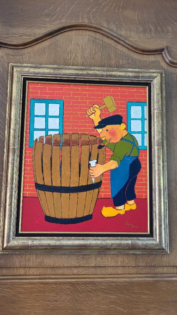 Tonnenmaker Schilderij door Georges Herregods, Antiquités & Art, Enlèvement, Autres styles, Toile, Encadré