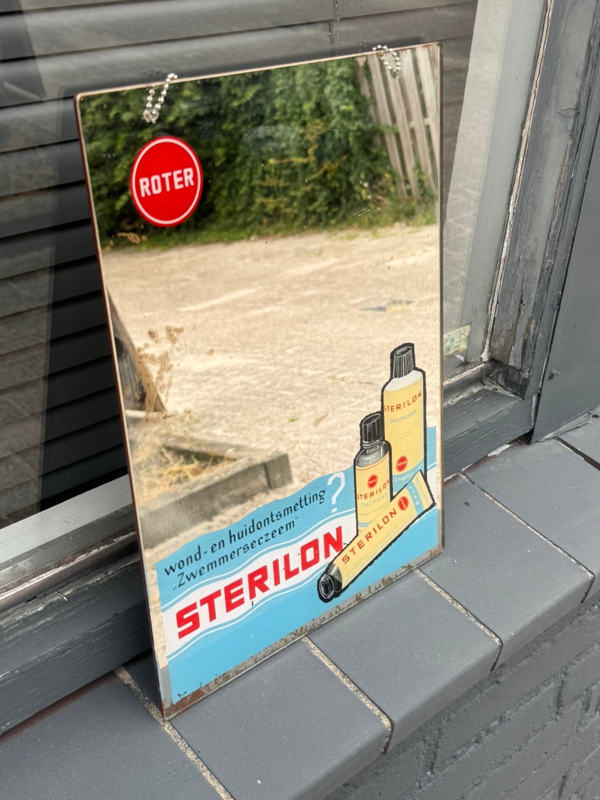 Roter Sterilon oude reclame spiegel, Verzamelen, Ophalen, Gebruikt, Reclamebord