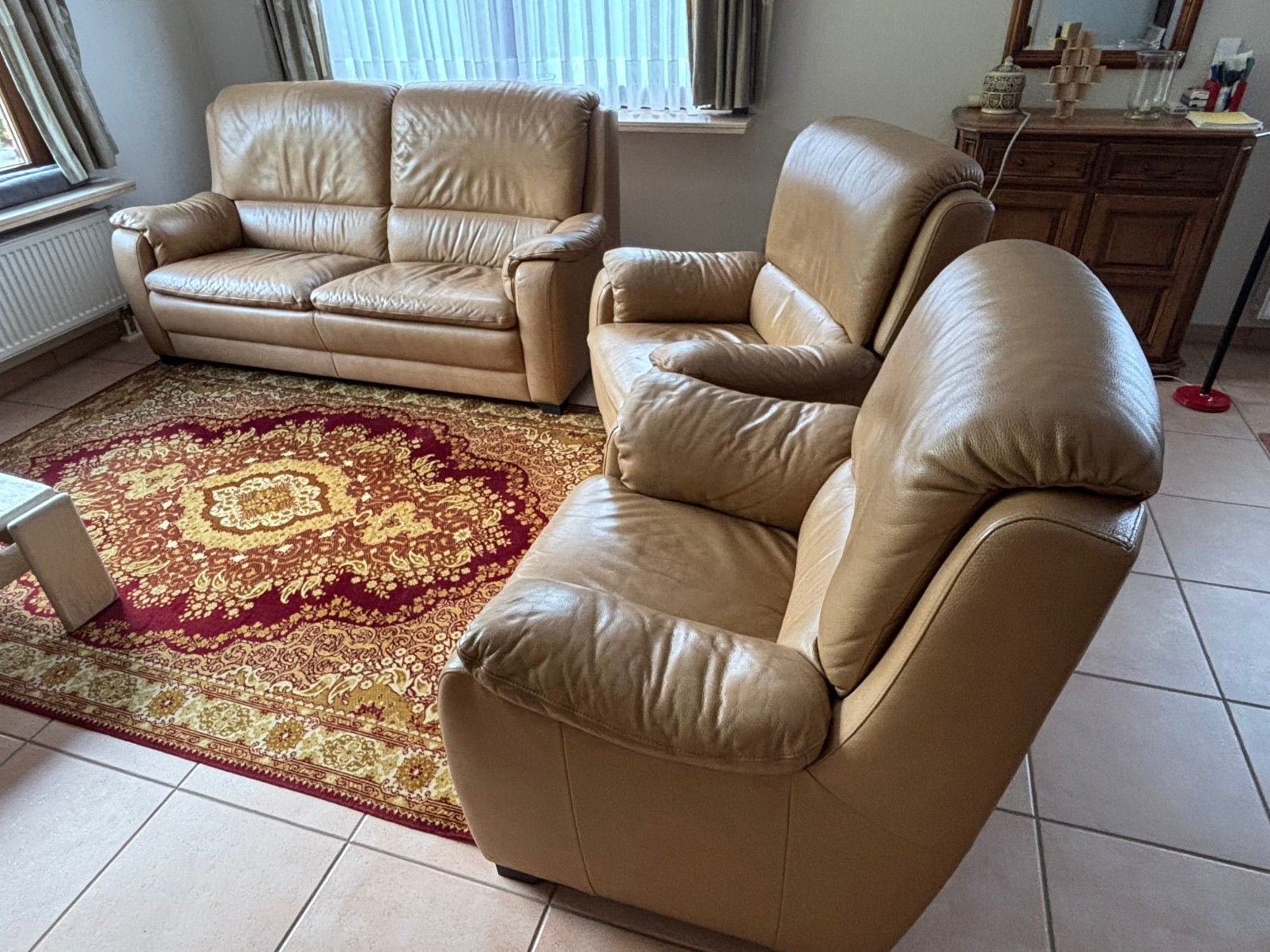 Lederen salon met relaxzetel in cognackleur, Huis en Inrichting, Ophalen, Nieuw