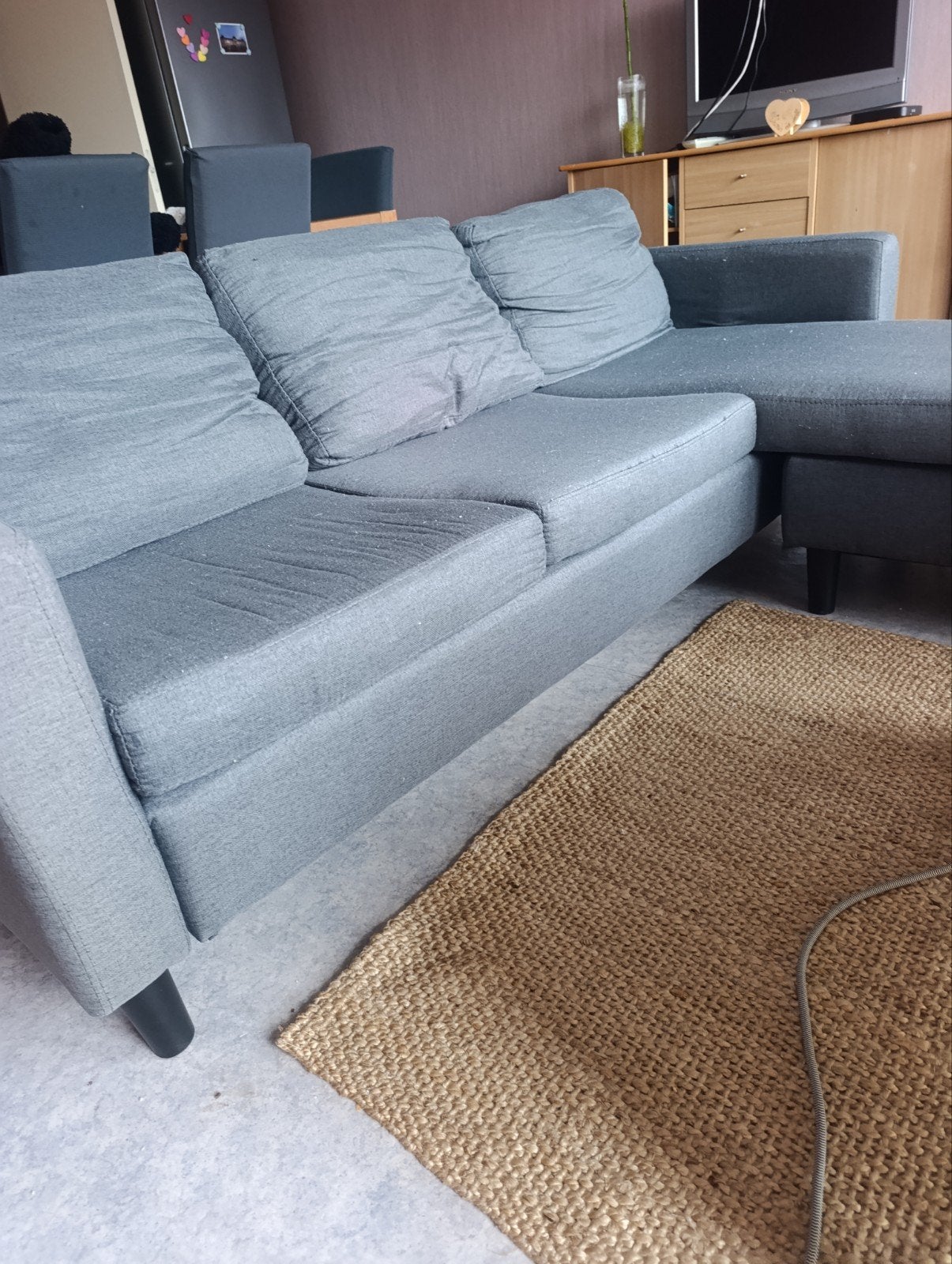 Canapé d’angle gris en tissu – 203 cm, Huis en Inrichting, Ophalen, Gebruikt, Hoekbank, 75 tot 100 cm