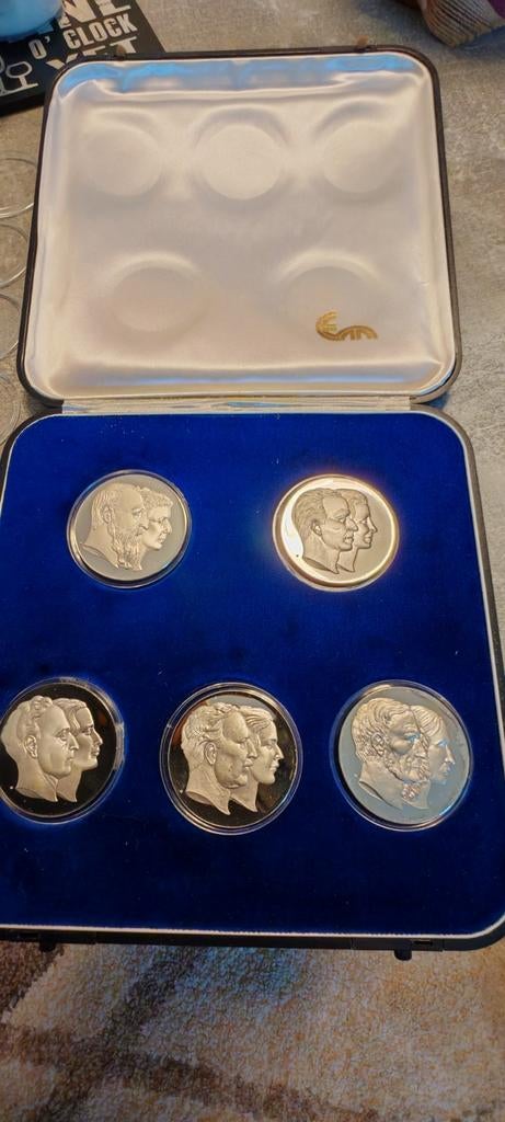Belgie,set 5 zilveren medaille proof, original's koffer,, Postzegels en Munten, Munten | België, Setje, Zilver, Ophalen of Verzenden