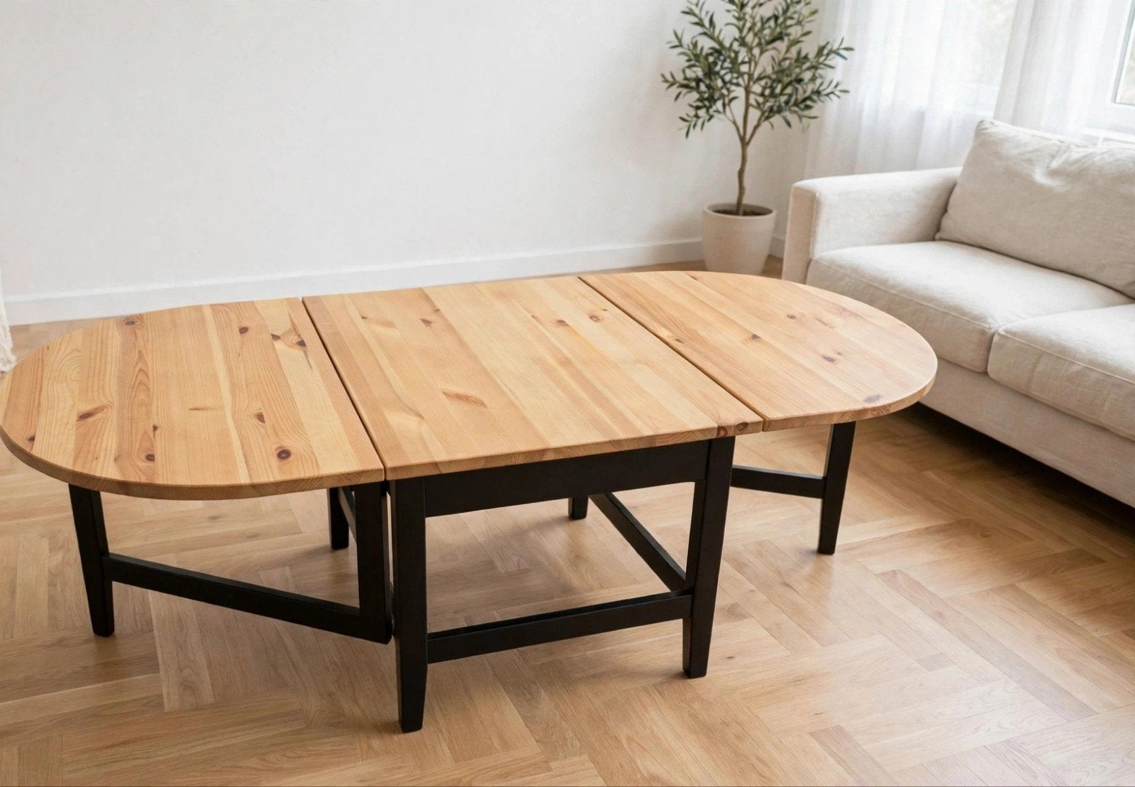 Table basse ikea pliable pin&noir-140cm, Maison & Meubles, Enlèvement, Pin