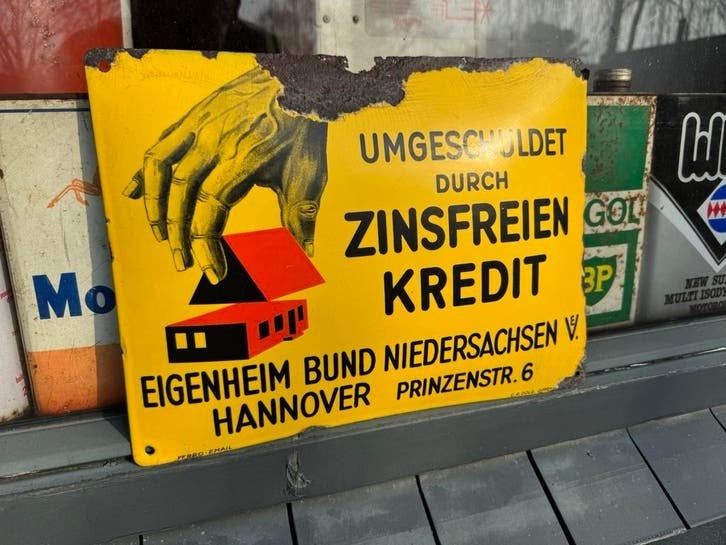 Vintage Emaille Reclamebord: Zinsfreien Kredit Hannover, Antiek en Kunst