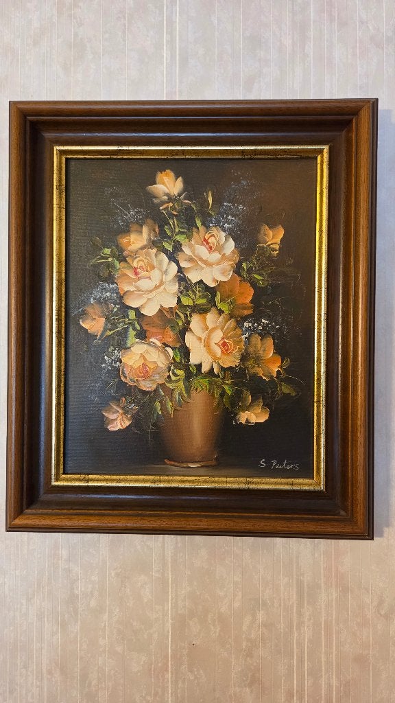 Schilderij bloemstilleven, Bijzondere lijst, Doek, Olieverf, Klassiek