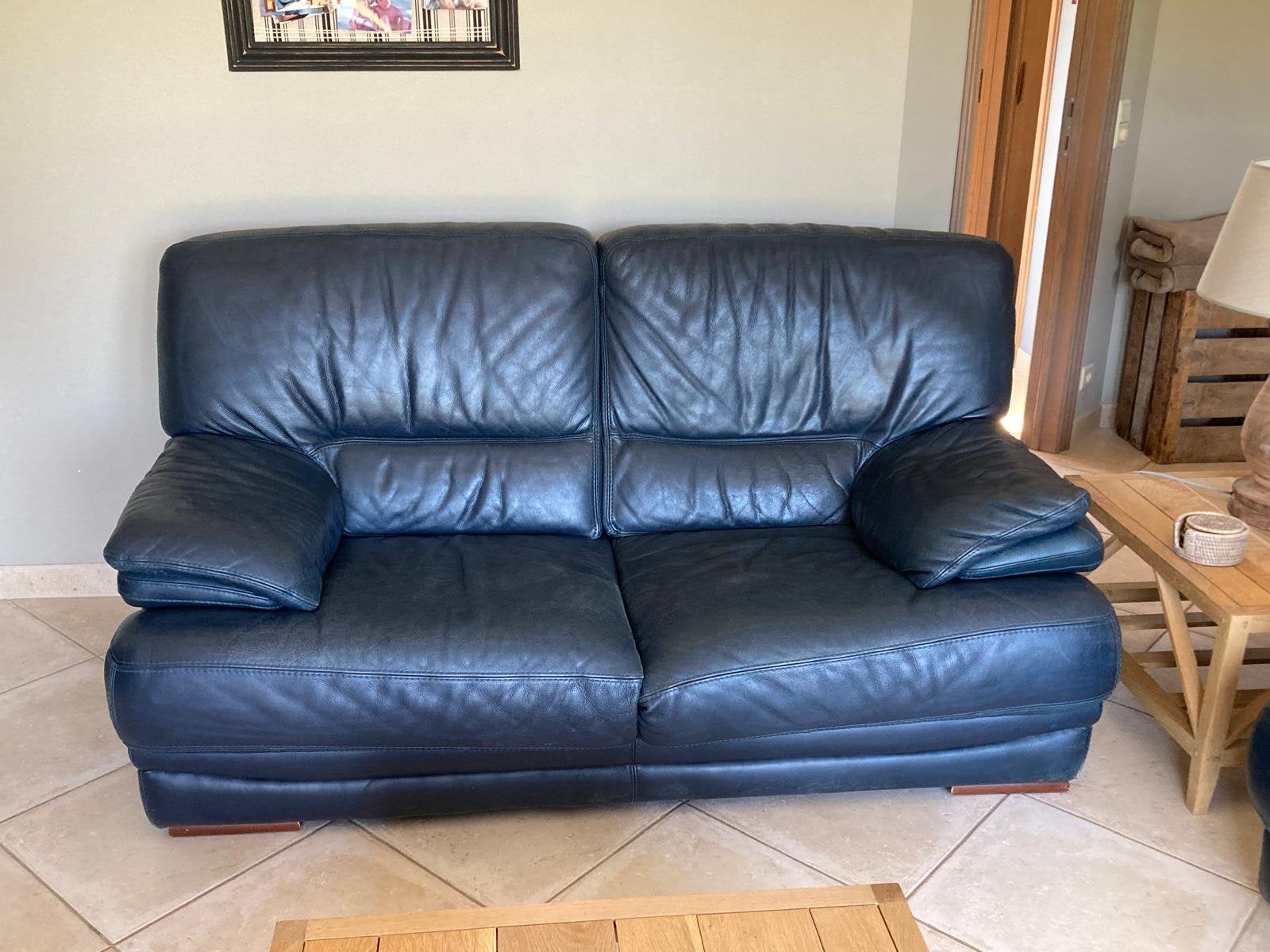 Lot de 2 canapés 2 places en cuir bleu foncé, Maison & Meubles, Enlèvement, Comme neuf, Cuir