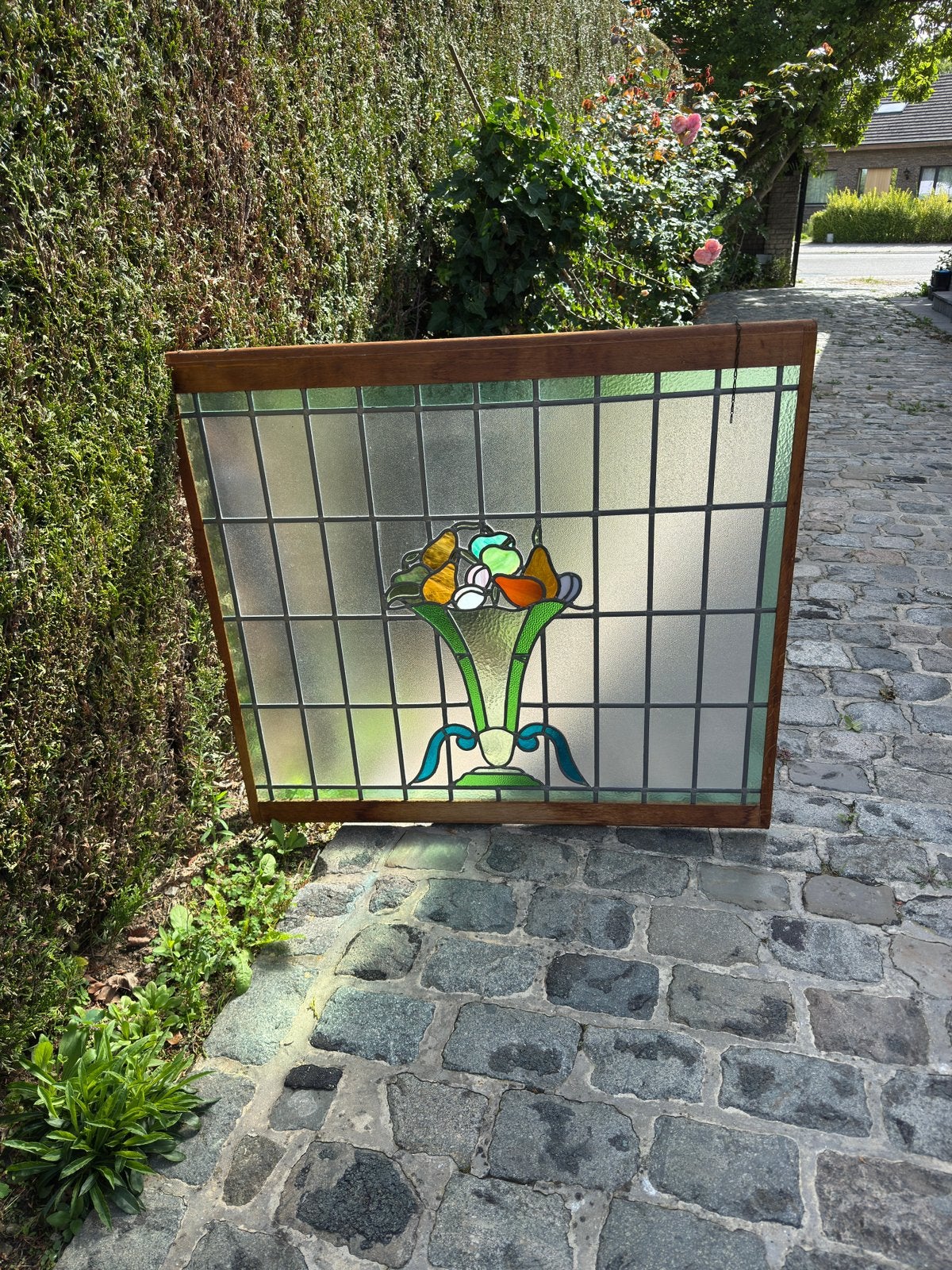 Decoratief glasraam in lood - eiken omlijsting, Enlèvement