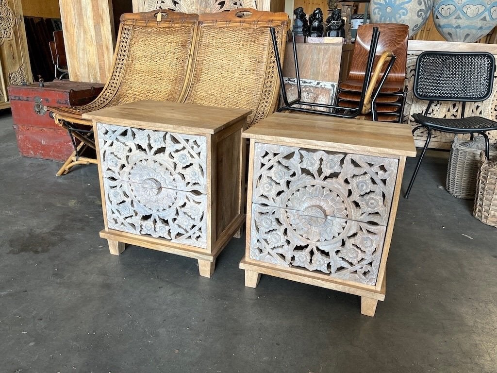 2 X Handgesneden Kastje/Nachtkastje uit India Ibiza/Boho, Ophalen, Nieuw, 55 tot 70 cm, 45 tot 65 cm