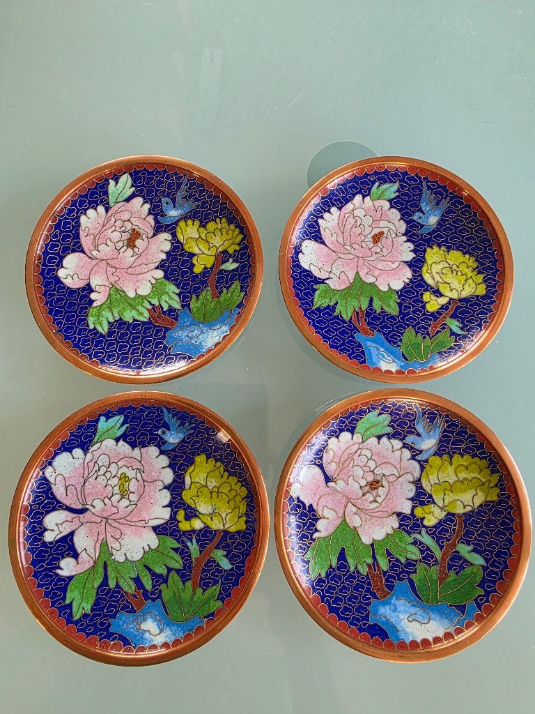 vintage set van 4 Chinese cloisonné schoteltjes, Antiek en Kunst, Ophalen