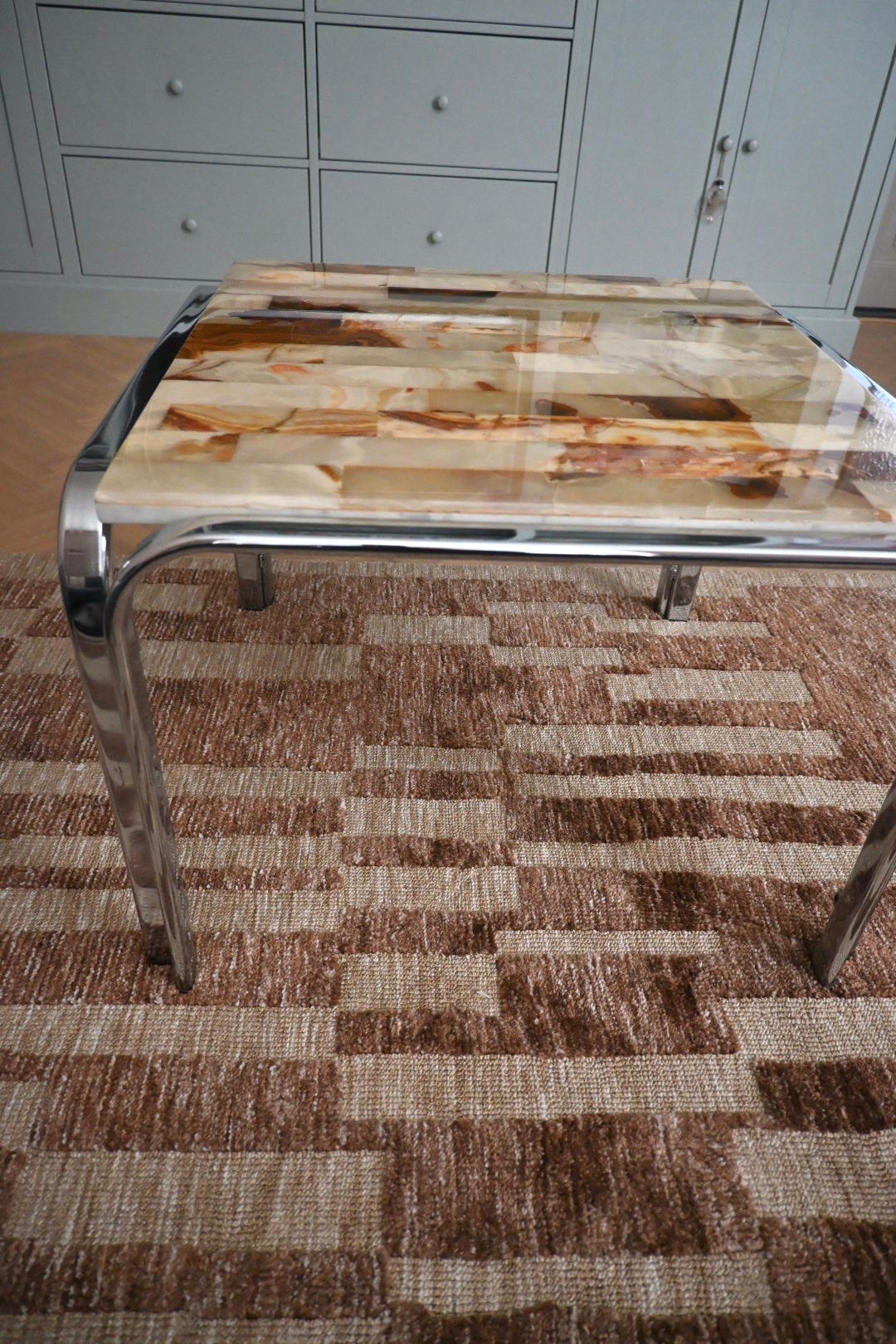 Vintage Jaren '70 Design salontafel, onyx Mozaïek & Chroom, Ophalen, Zo goed als nieuw, Vintage
