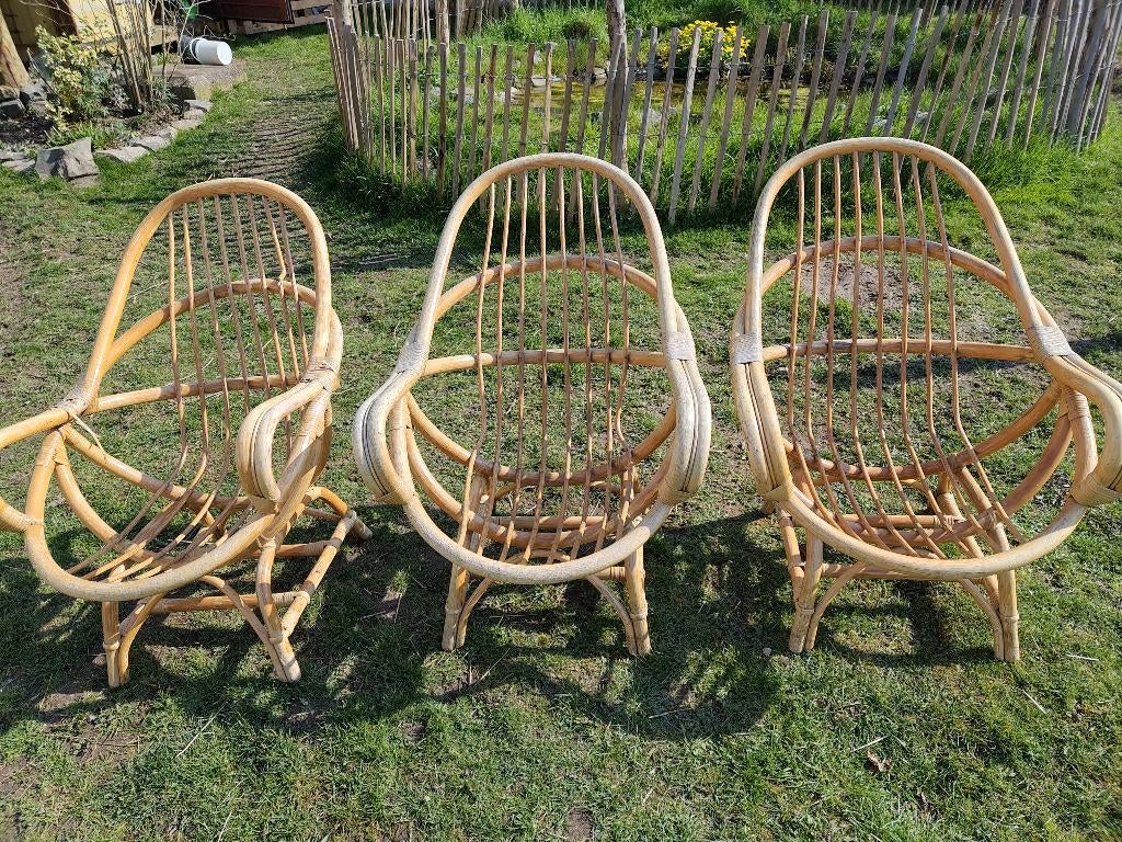 Drie rotan tuinstoelen zonder kussens, Jardin & Terrasse, Chaises de jardin, Enlèvement, Utilisé, Rotin