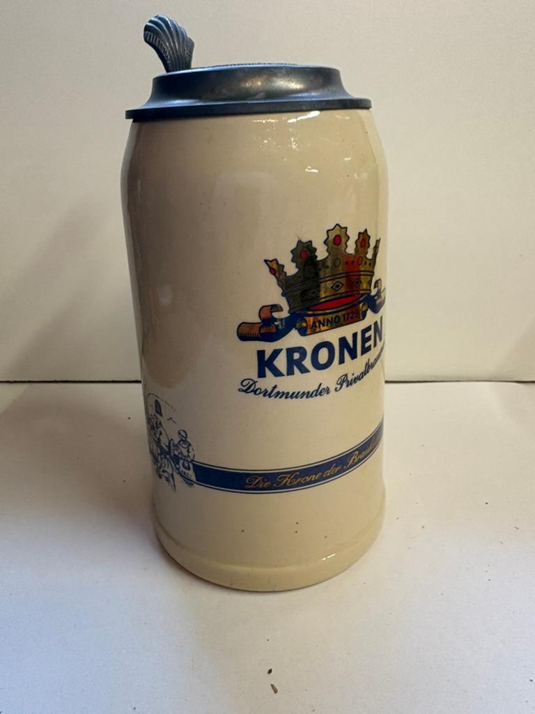 Bierkroes Kronen Dortmunder , tin deksel 1L, Verzamelen, Biermerken, Ophalen of Verzenden, Zo goed als nieuw
