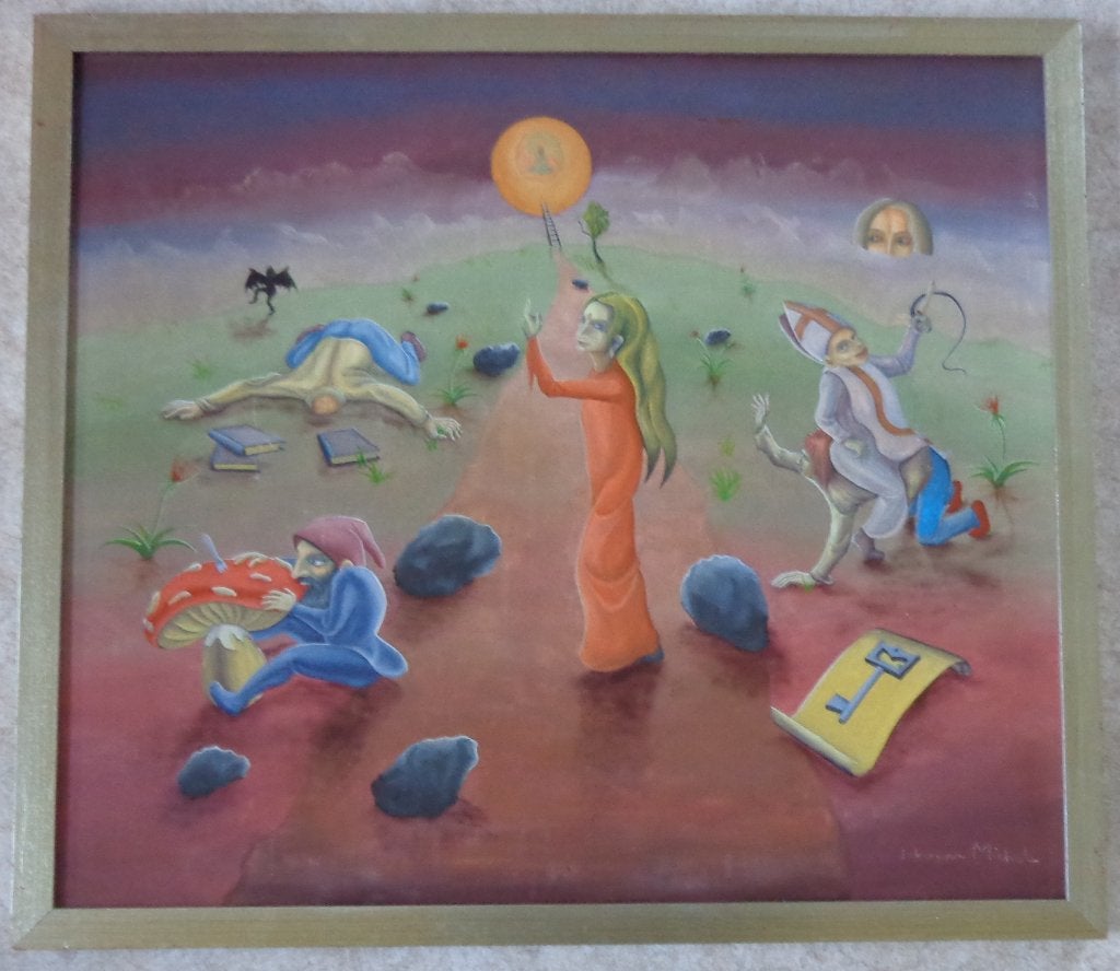 JOHNNY MICHEL / FANTASIEWERELD / OLIEVERF / 75x85cm / KADER, Antiquités & Art, Peinture à l'huile, Signé, Figures, Autres matériaux