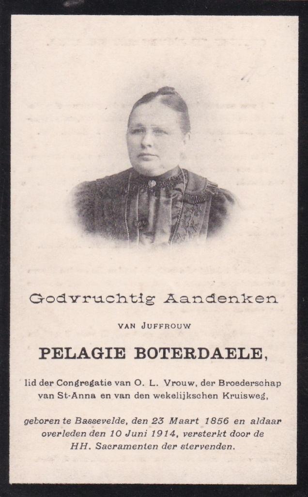 Boterdaele Pelagie  Bassevelde 1856 + 1914, Verzenden, Bidprentje