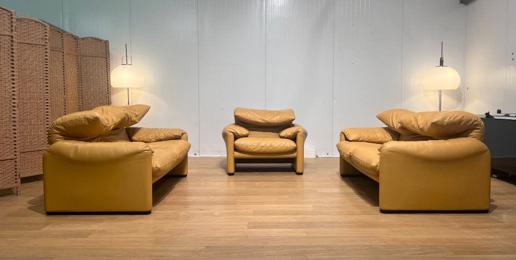 Cassina Maralunga Leer Set 2x 2-Zits + Fauteuil Nieuwstaat, Huis en Inrichting, Zetels | Zetels, Zo goed als nieuw, Rechte bank
