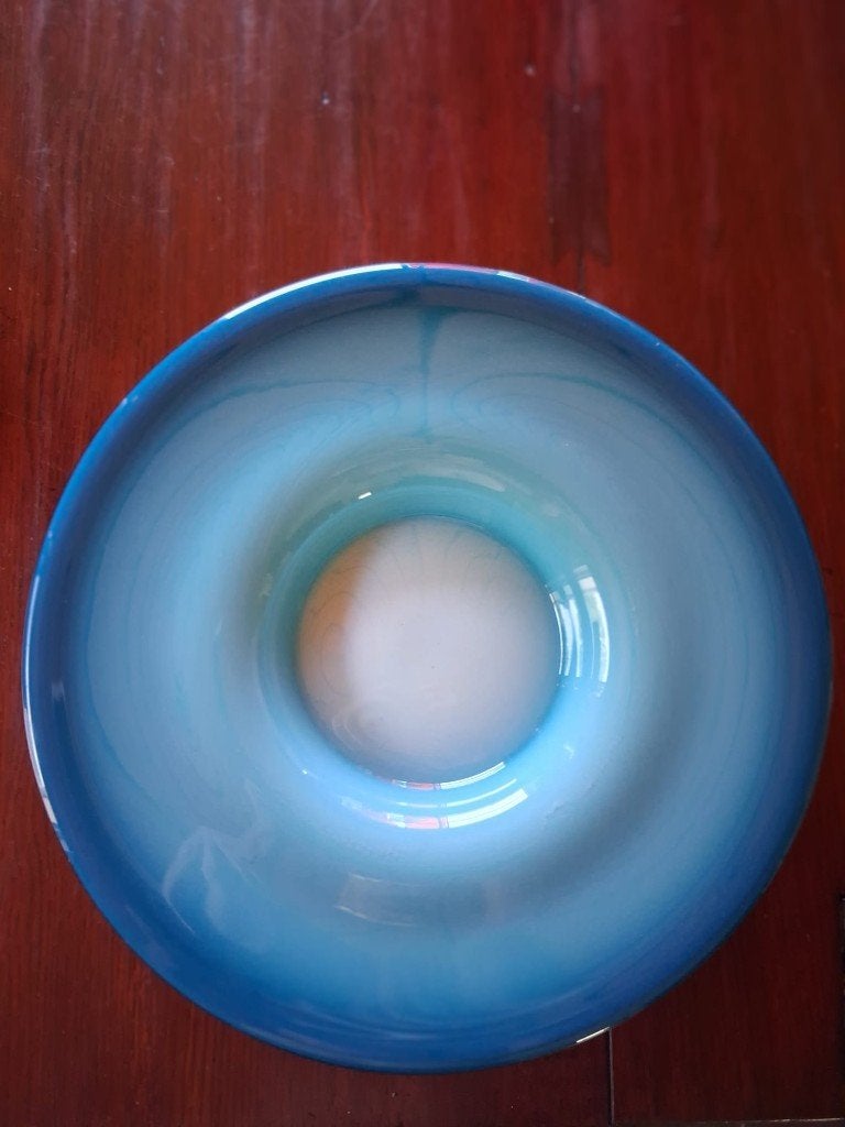 XXL Vintage Kunstglazen Schaal Blauw Satijnglas – 41cm, Antiquités & Art, Verre, Massif, Enlèvement ou Envoi, Bleu