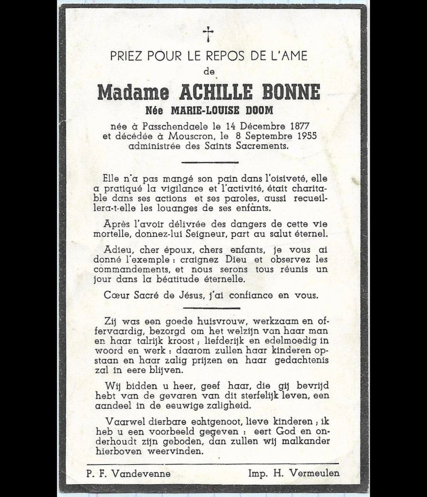Gezocht rouwbrief Marie Louise Doom, Ophalen, Bidprentje