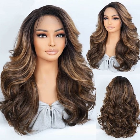 Swiss lace front pruik lang haar met slagen caramel bruinmix, Envoi, Neuf