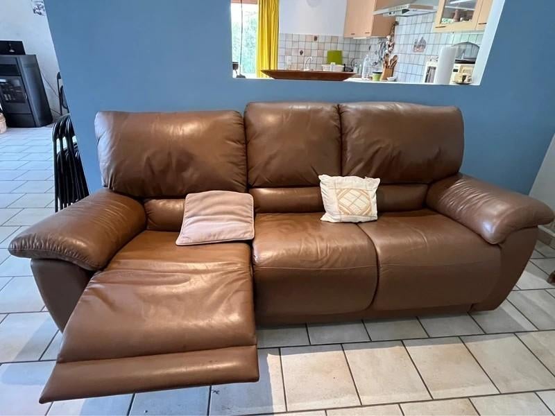 Fauteuil cuir MaxiDivan 3 places brun, 200 à 250 cm, Comme neuf, Enlèvement, Cuir