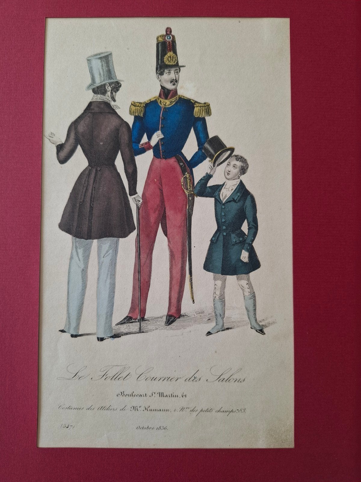Handgekleurde lithografie 1836 - heren- en militaire mode., Antiek en Kunst, Kunst | Litho's en Zeefdrukken, Origineel, Ophalen of Verzenden
