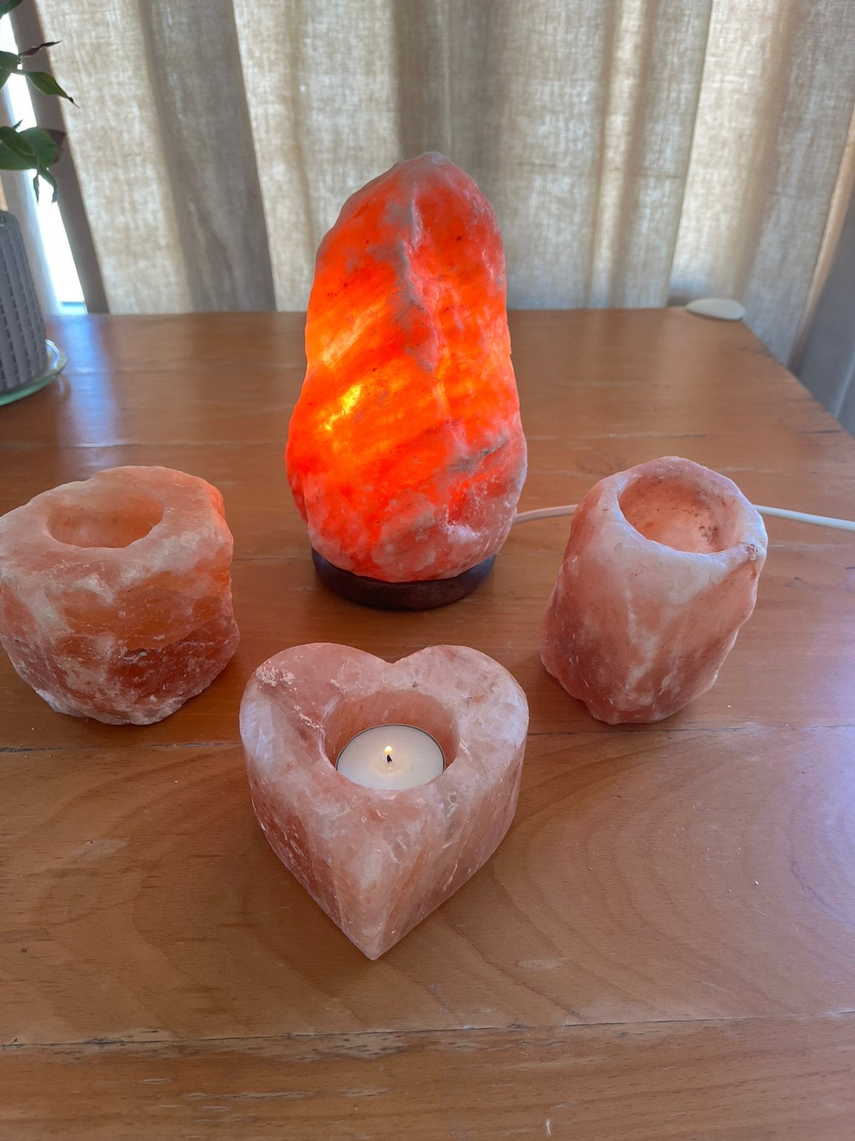 Set van roze zoutstenen lamp en 3 kandelaars, Ophalen, Zo goed als nieuw, Roze, Waxinelichthouder