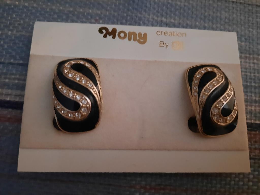Vintage oorbellen met knijpers, Ophalen of Verzenden, Zo goed als nieuw, Zwart, Met strass