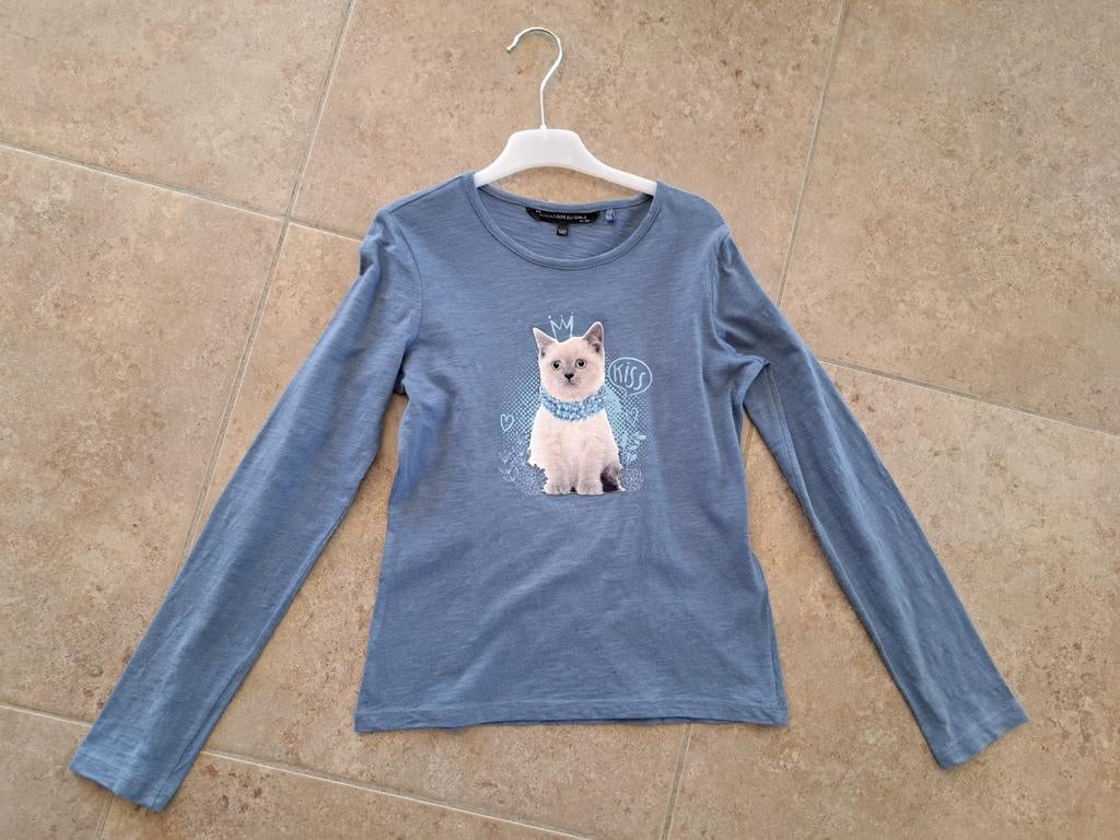 Blauw t-shirt met kat (JBC), maat 140, Kinderen en Baby's, Kinderkleding | Maat 140, Ophalen of Verzenden, Zo goed als nieuw