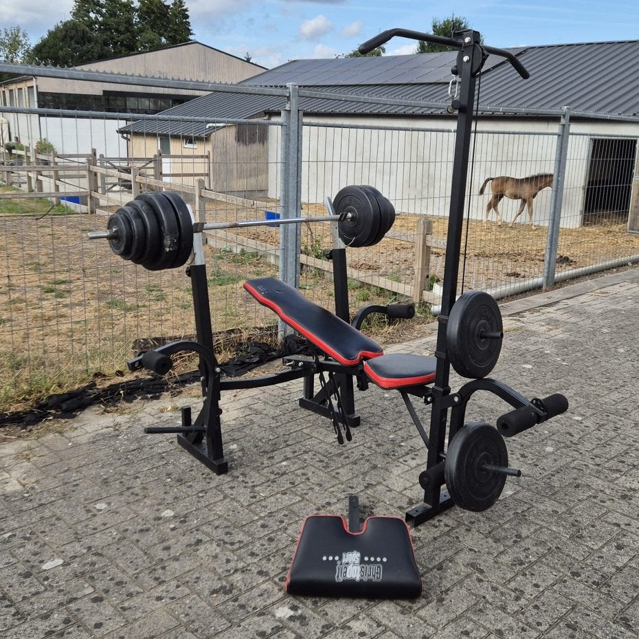 Multifunctionele benchpress + Gewichten, Enlèvement, Comme neuf, Jambes
