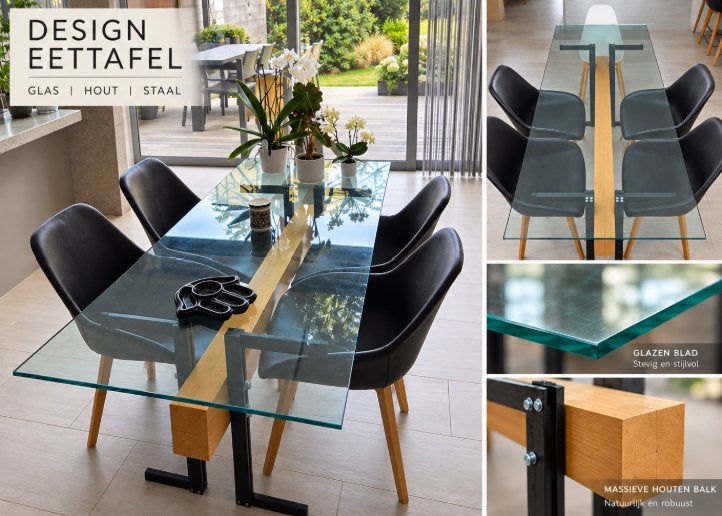 Design eettafel 200 x 75 - glas, massief hout & staal, Huis en Inrichting, Ophalen, Eikenhout