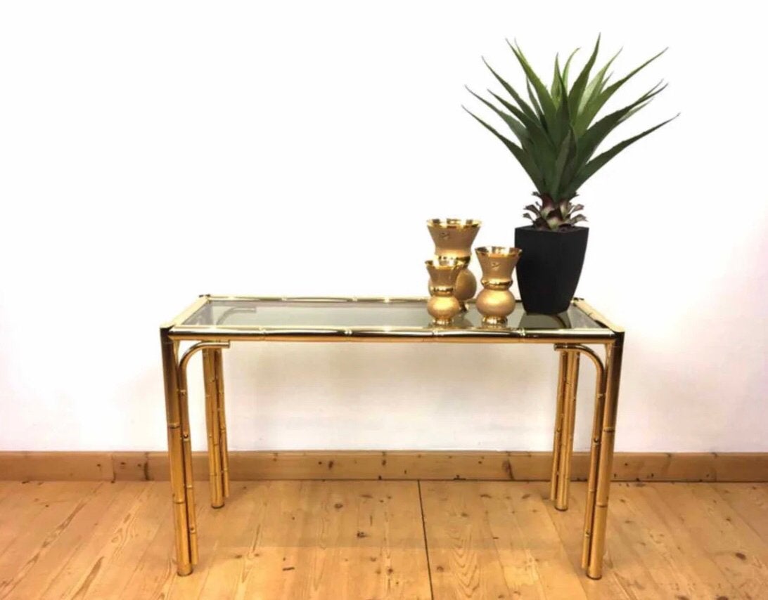 Console vintage en faux bambou des années 1970, 100 à 150 cm, 25 à 50 cm, Verre, Comme neuf
