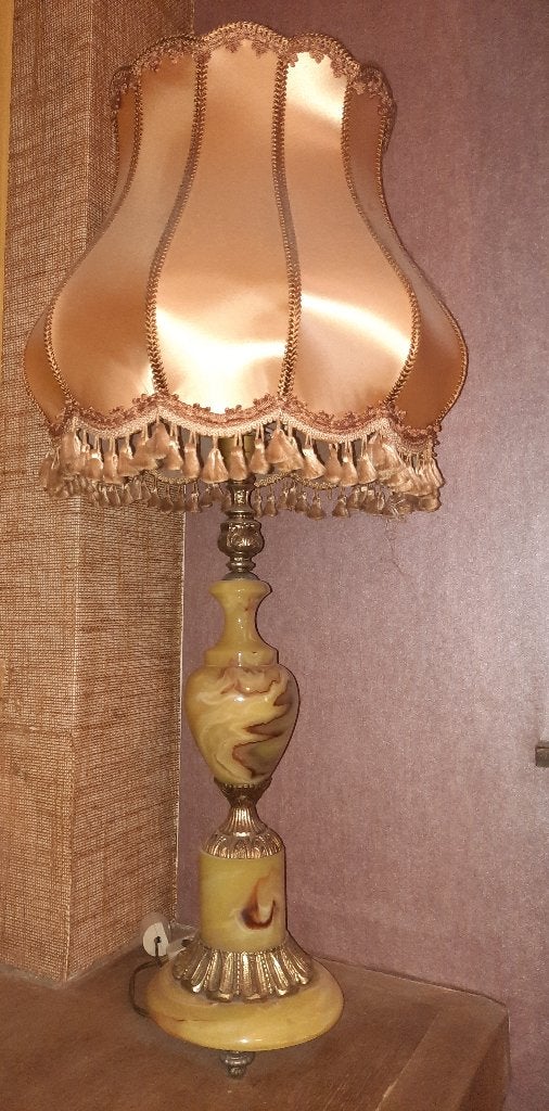 Lampe de table vintage — Marbre onyx vert et laiton, Maison & Meubles, Vert, Vintage, Avec abat-jour, Enlèvement