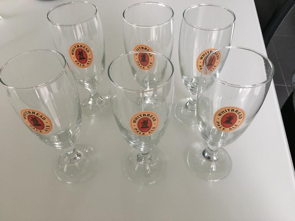 6 vintage Whitbread Pale Ale glazen, Verzamelen, Biermerken, Ophalen, Nieuw, Glas of Glazen, Overige merken
