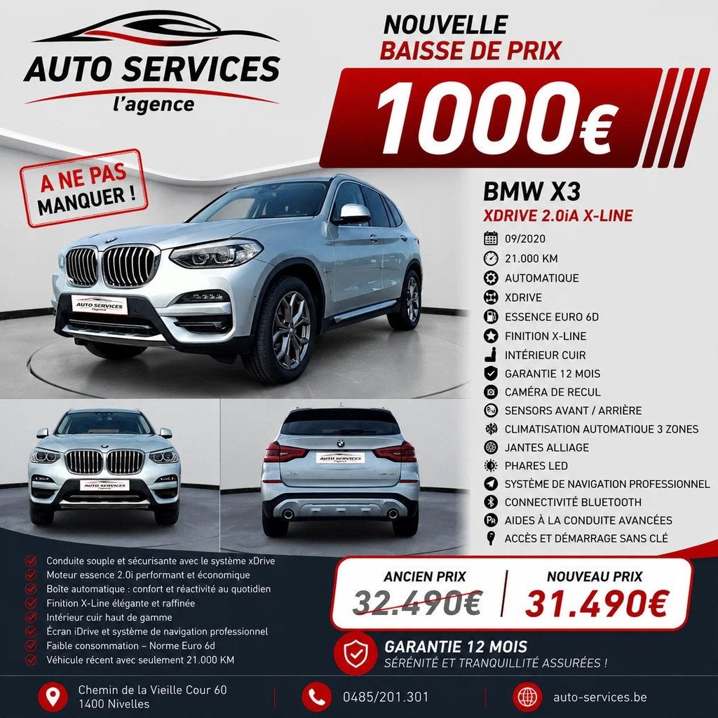 BMW X3 Xdrive 2.0iA X-line !21000km! Garantie 12 mois, Autos, BMW, Entreprise, Achat, X3, ABS, Caméra de recul, Régulateur de distance
