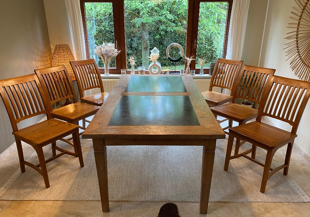 Table en bois massif et pierre bleue avec 6 chaises, Maison & Meubles, 150 à 200 cm, Cinq personnes ou plus, Enlèvement, Utilisé