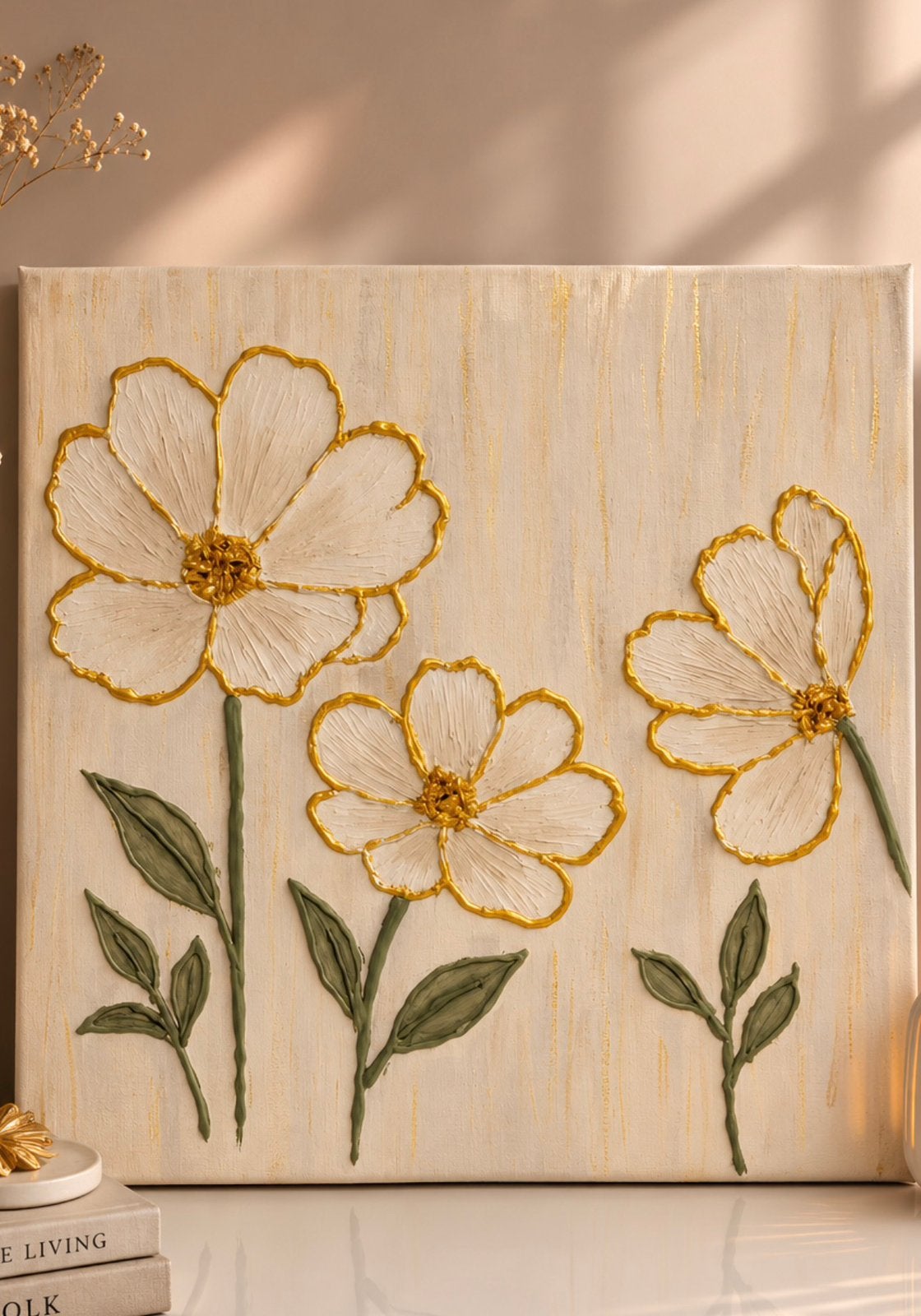 Peinture florale 3D faite à la main avec détails dorés, Neuf, Enlèvement ou Envoi, Création originale, Peinture