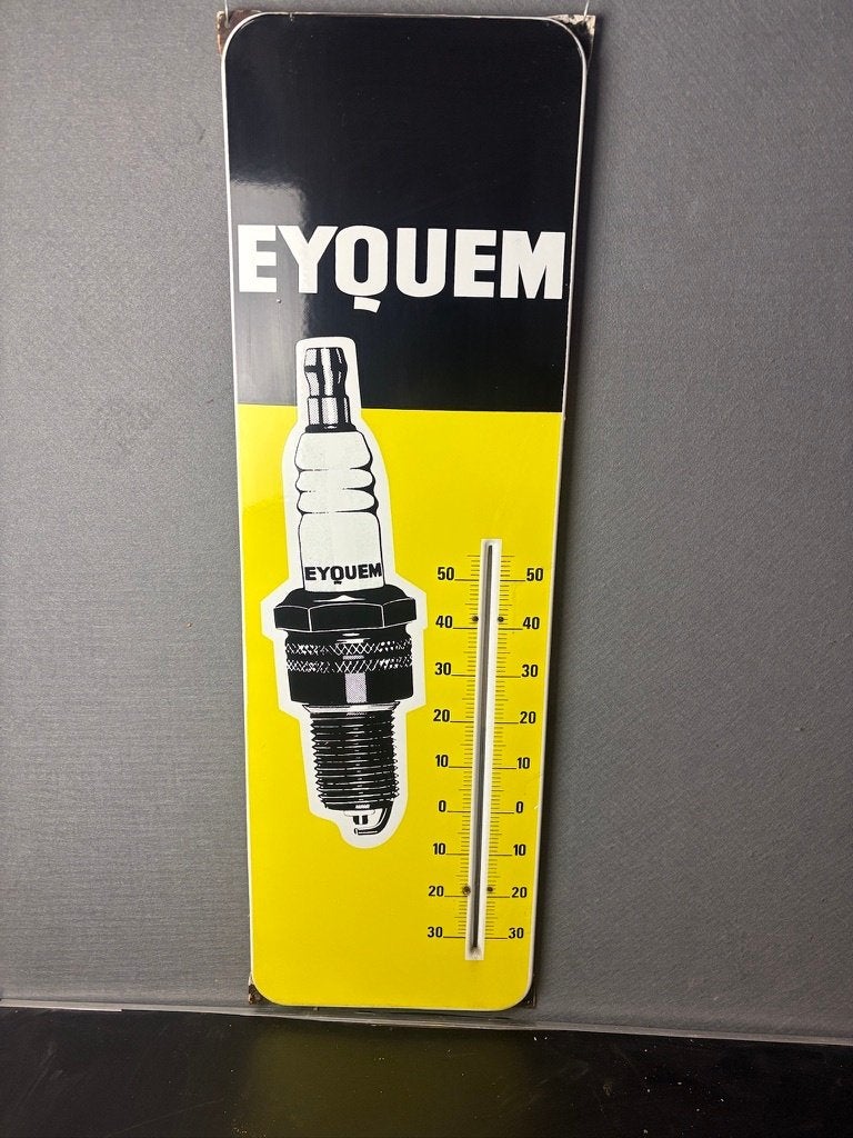 Eyquem emaille thermometer in super staat reclamebord, Ophalen of Verzenden, Zo goed als nieuw, Reclamebord