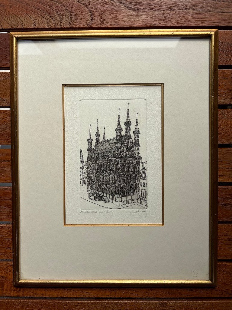 Ets Stadhuis Leuven - Johan Boussauw -Gelimiteerd+Gesigneerd, Stadsgezicht, Origineel, Ophalen of Verzenden, 24 cm